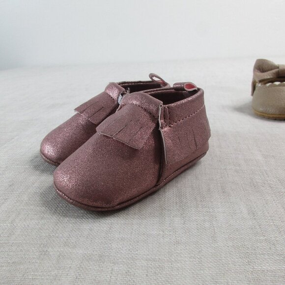 Lot of 2 Baby Girl Moccasins Pink Fringe & Tan Bow Soft Sole Crib Shoes Size 0-3 - Picture 2 of 11
